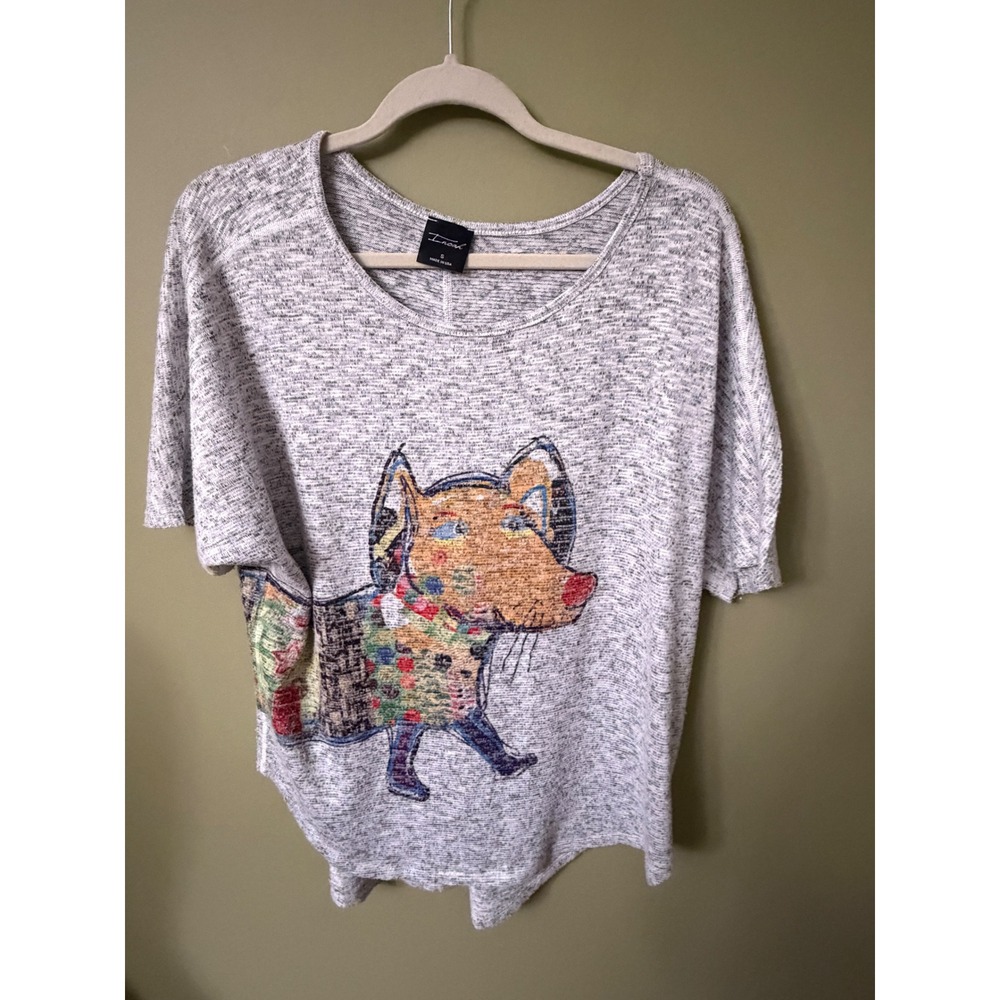 Inoah Artsy Grey Space Dye Patchwork Dog Graphic Knit Top Dachshund Small
